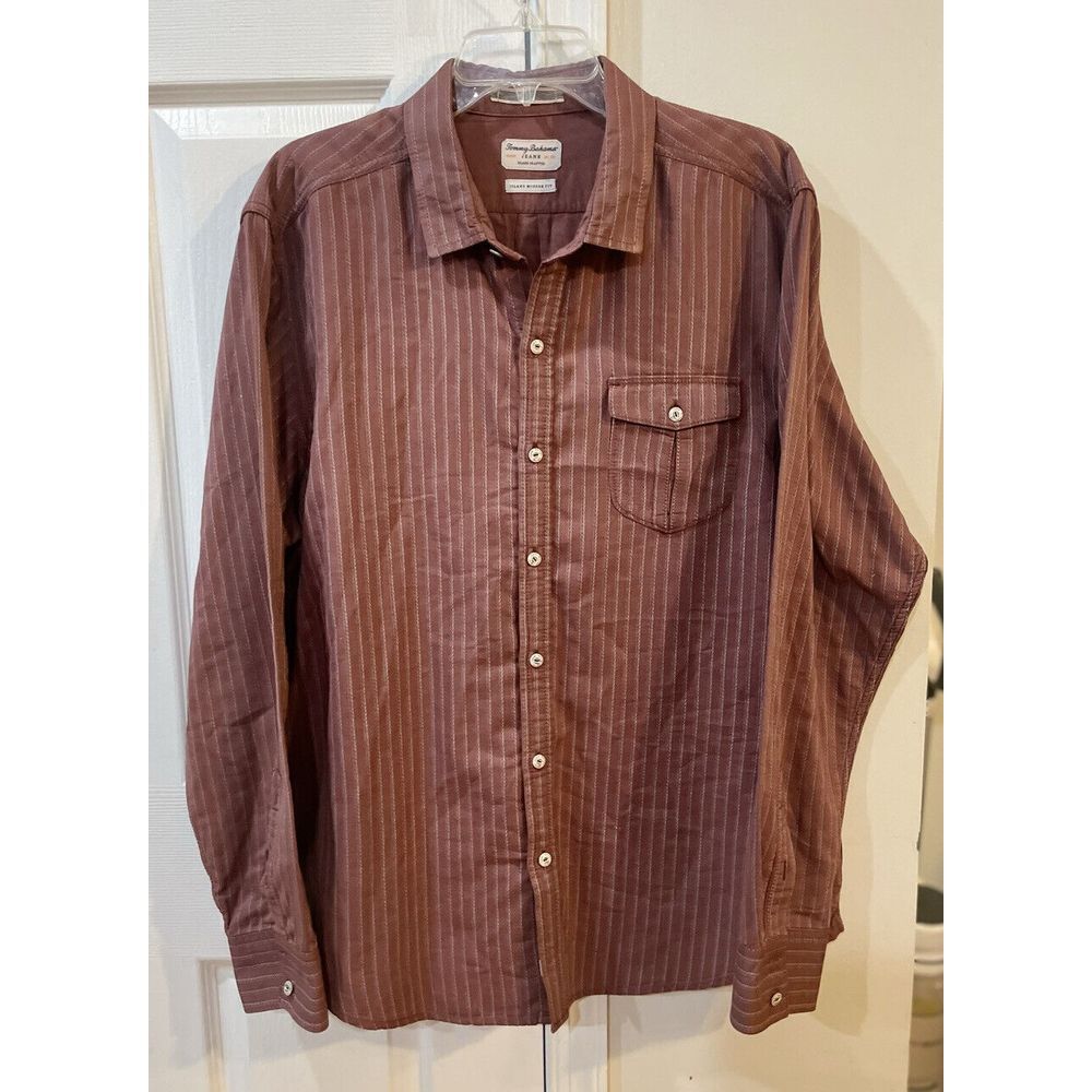 Tommy‎ Bahama Island Modern Fit Men's XL Brown Stripped Long Sleeve Button Shirt